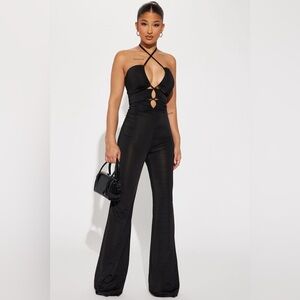 NWT Fashion Nova black shine jumpsuit halter XS stretch long